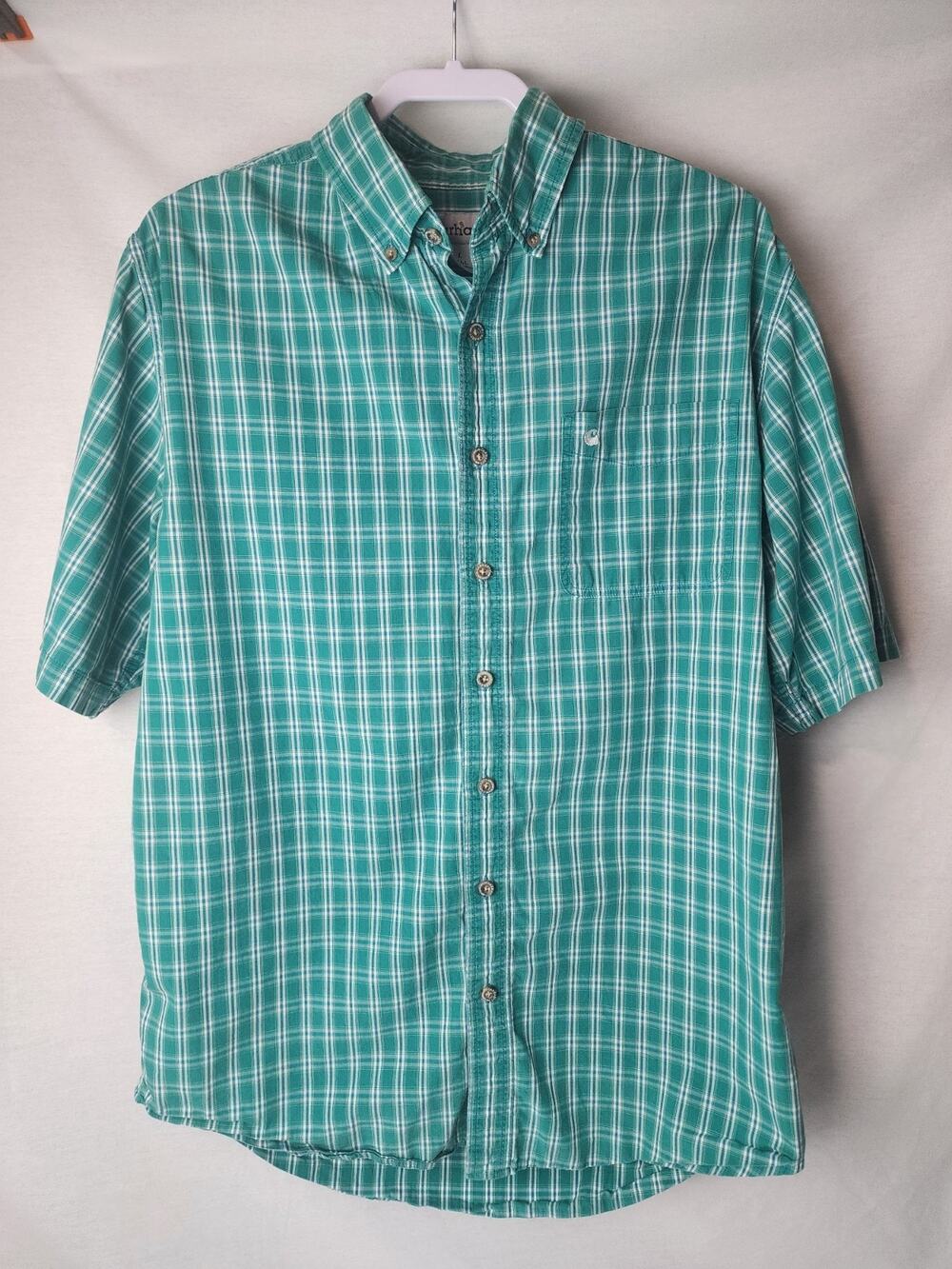 Carhartt Mens L + Tall Aqua Green White Check Plaid Short Sleeve Shirt Tee Work